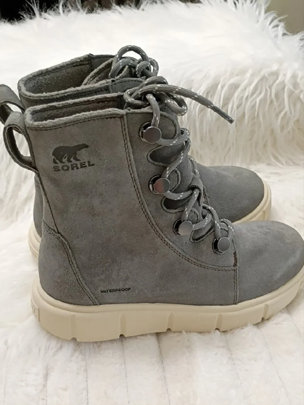 Sorel Gray Explorer III Joan Suede Waterproof LaceUp Waterproof Boots Cream Sole